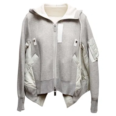 Pre-owned Sacai Grey & White  Cotton & Nylon Hooded Zip Jacket Designer Size 3