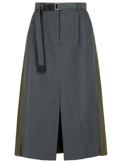 Sacai Pleated Skirt With Belt And Stripes In Gray