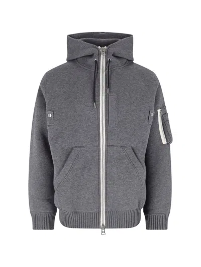 Sacai Grey Zip-up Cotton-blend Hoodie In Blue