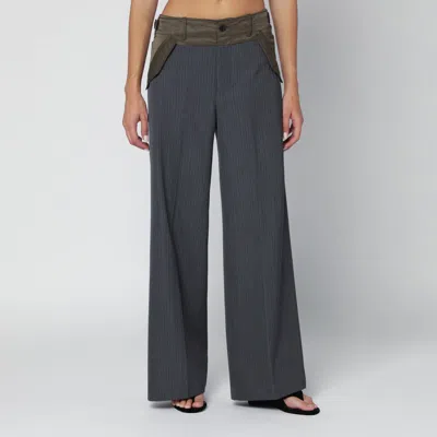Sacai Grey/khaki Pinstripe Bi-material Trousers In Gray