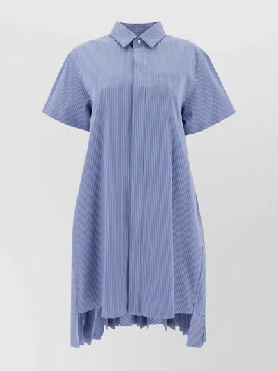 Sacai Hem Asymmetry Pleated Back Short Sleeves Dress In Blue