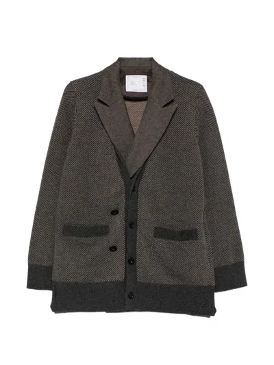 Sacai Herringbone-knit Double-breasted Blazer In Gray