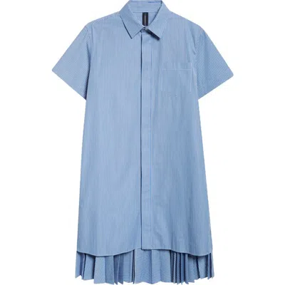 Sacai High-low Poplin Shirtdress In Blue Stripe