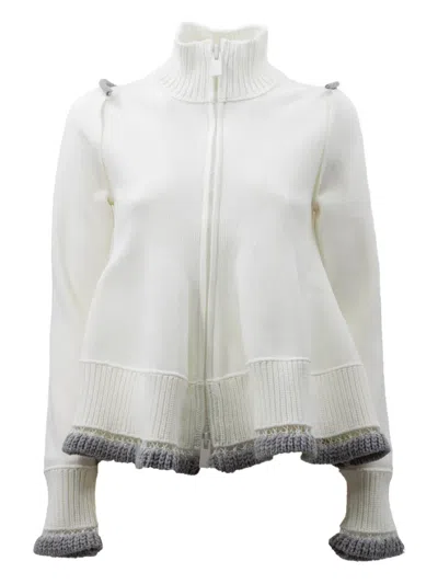 Sacai High-neck Ruffled-hem Cardigan In White