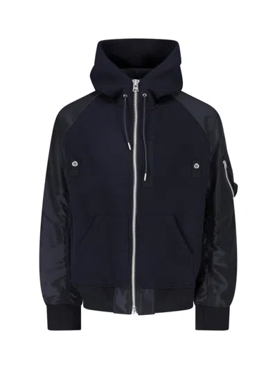 Sacai Technical Fabric Bomber Jacket With Hood And Zippered Pockets In Blue
