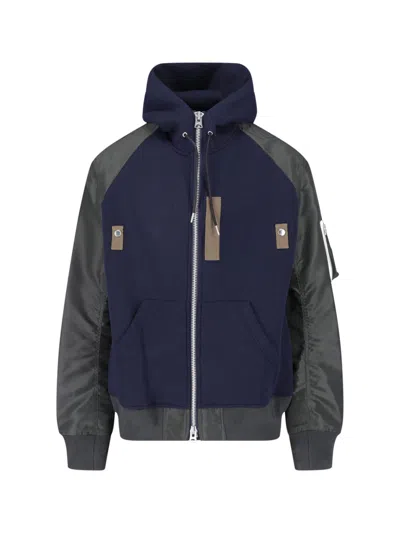 Sacai Hooded Bomber Jacket In Technical Fabric With Zip Closure In Blue