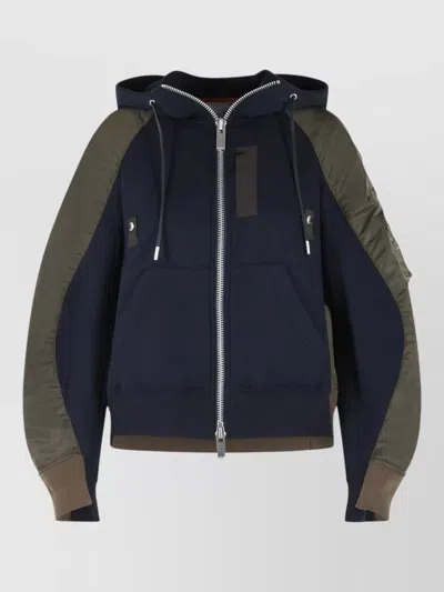 Sacai Hooded Cotton Blend Knit Zip Pocket In Blue