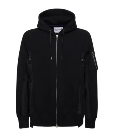 Sacai Hooded Drawstring Knit Sweater In Black