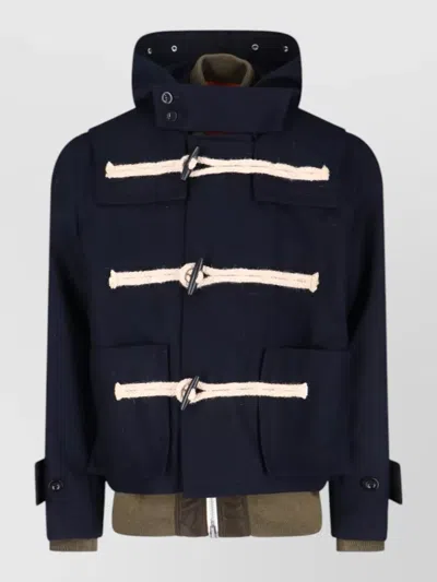 Sacai Hooded Jacket Casual Style Ribbed Hem In Blue