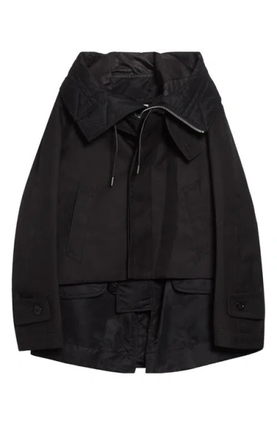 Sacai Hooded Mixed Media Jacket In Black