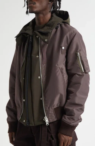 Sacai Hooded Mixed Media Jacket In Brown