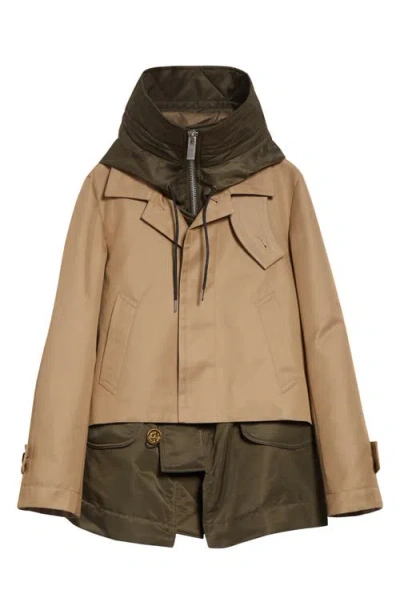 Sacai Hooded Mixed Media Jacket In Multi