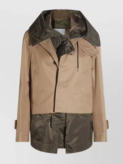 Sacai Hooded Quilted Front Pockets Jacket In Brown