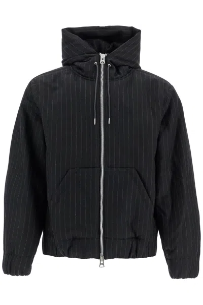 Sacai Hooded Wool Gessato Jacket In Black