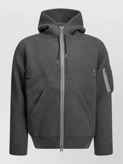 Sacai Hooded Zip Sweatshirt Regular Fit Pockets In Gray