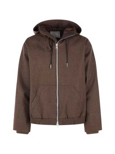 Sacai Hooded Zip-up Jacket In Brown