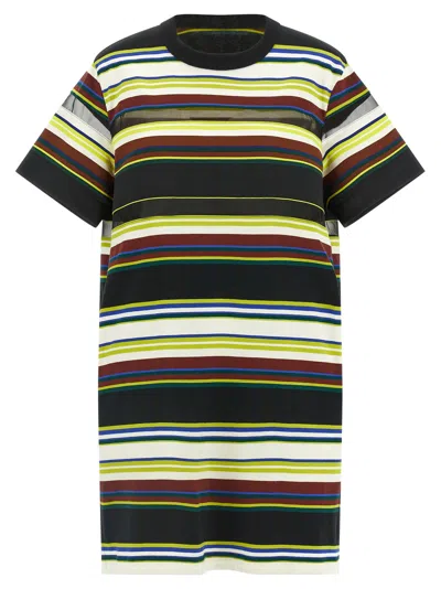 Sacai Horizontal Stripe Mini Dress With Organza Inserts In Multi