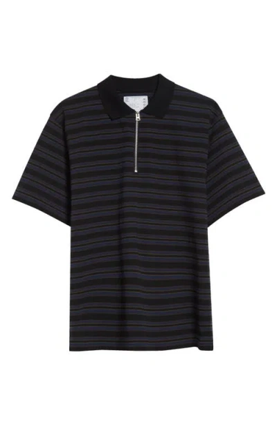 Sacai Horizontal Stripe Quarter Zip Polo In Black