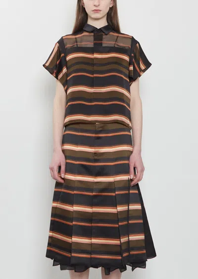 Sacai Horizontal Stripe Satin Top In Brown