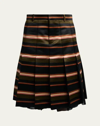 Sacai Horizontal Striped Pleated Midi Skirt In Multi
