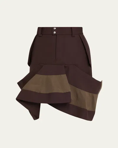 Sacai Hybrid Asymmetric Flounce Skirt In Brown