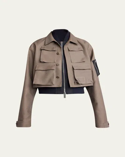 Sacai Hybrid Cargo Nylon Cropped Jacket In Taupe