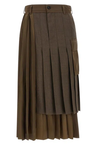 Sacai Asymmetrical Pleated Midi Skirt In Green