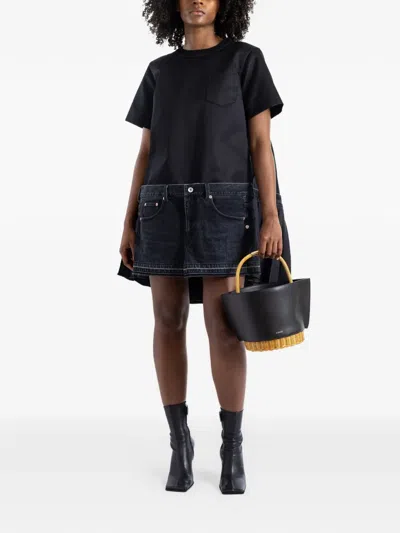 Sacai Hybrid Denim Pleated Asymmetric Dress In Black