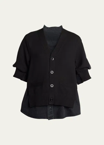 Sacai Hybrid Denim Top With Cardigan Overlay In Black