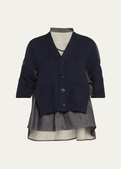 Sacai Hybrid Denim Top With Cardigan Overlay In Indigo