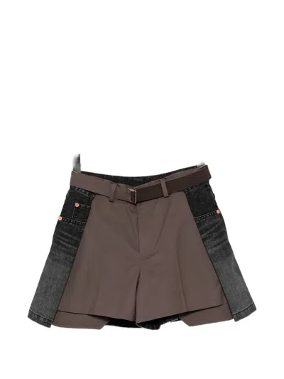 Sacai Hybrid Denim-panel Shorts In Brown