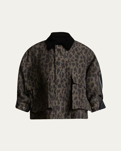 Sacai Hybrid Leopard Three-quarter Sleeve Jacket In Brown X Black