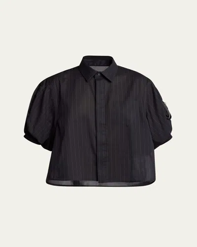 Sacai Hybrid Pinstripe Puff-sleeve Blouse In Black
