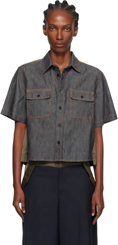 Sacai Denim Nylon Hybrid Short-sleeve Shirt In Gray