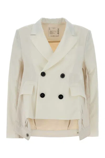 Sacai Ivory Twill And Denim Blazer In White