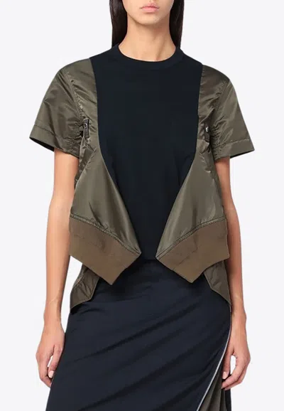 Sacai Navy Kaki Cotton And Nylon T-shirt In Black