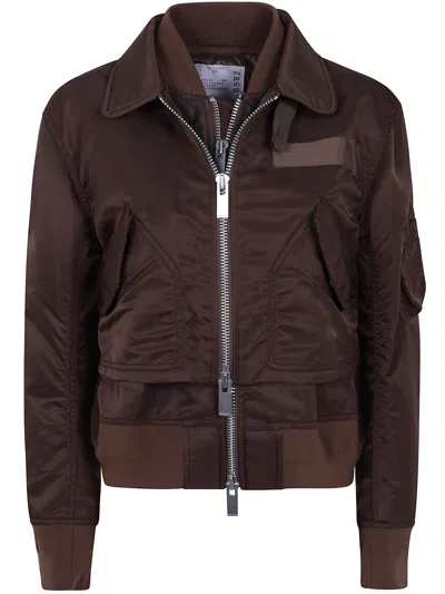 Sacai Jacket Zippered "nylon Twill Blouson" In Brown