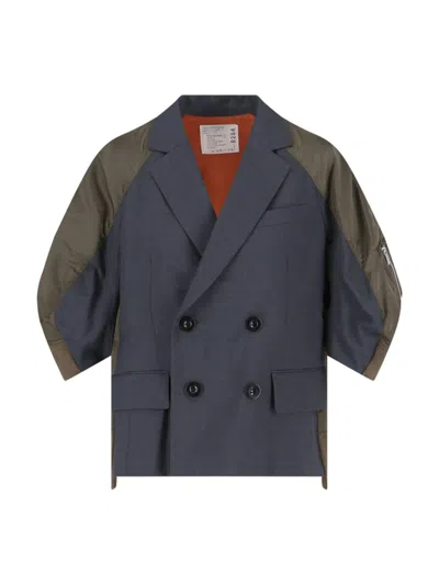 Sacai Double-breasted Grey Jacket With Lance Lapel And Contemporary Design In Brown