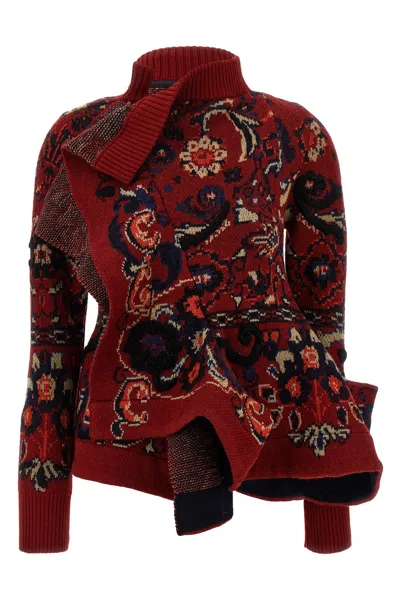 Sacai Jacquard Wool Cardigan In Red