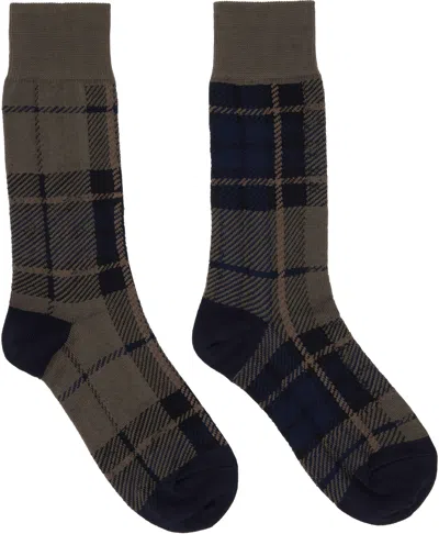 Sacai Khaki & Navy Plaid Socks In 505 Khaki*navy
