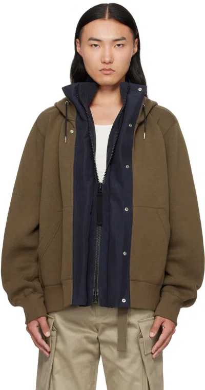 Sacai Khaki & Navy Sponge Sweat & Grosgrain Hoodie In Green