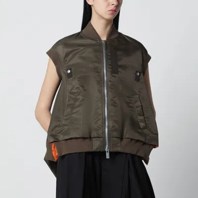 Sacai Nylon Vest Cap Sleeves Ribbed Collar In Brown
