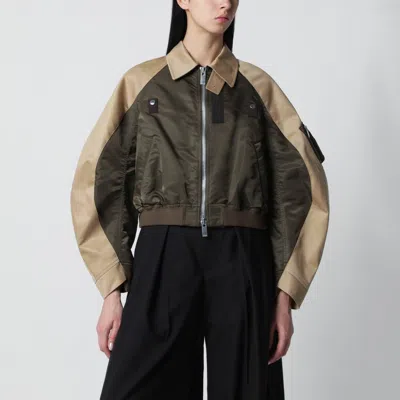 SACAI SACAI KHAKI GREEN/BEIGE NYLON ZIP JACKET