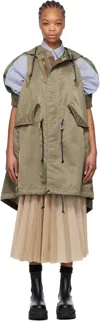 Sacai Khaki Nylon Twill Hooded Vest Coat In 550 Taupe