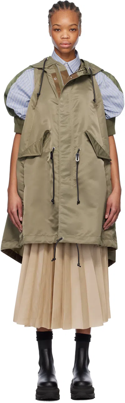 Sacai Khaki Nylon Twill Hooded Vest Coat In 550 Taupe