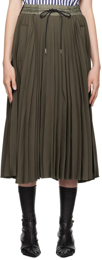 Sacai Ribbed-knit Trimmed Pleated Tech-jersey Midi Skirt In Brown