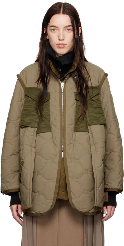 Sacai Khaki Rip Stop Quilted Coat In 637 Beige Olive