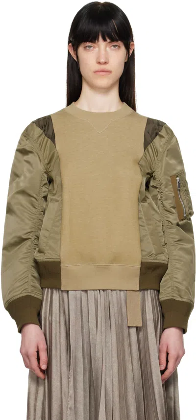SACAI KHAKI SPONGE SWEAT & NYLON TWILL SWEATSHIRT