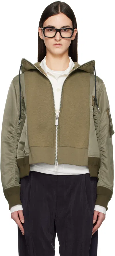 Sacai Khaki Sponge Sweat X Nylon Twill Hoodie In 550 Taupe