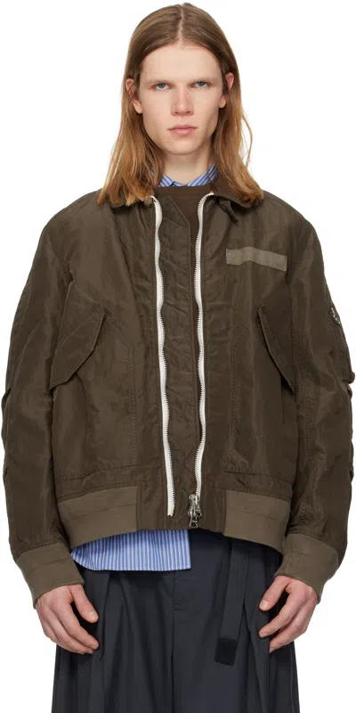 Sacai Khaki Treated Nylon Twill Bomber Jacket In Brown
